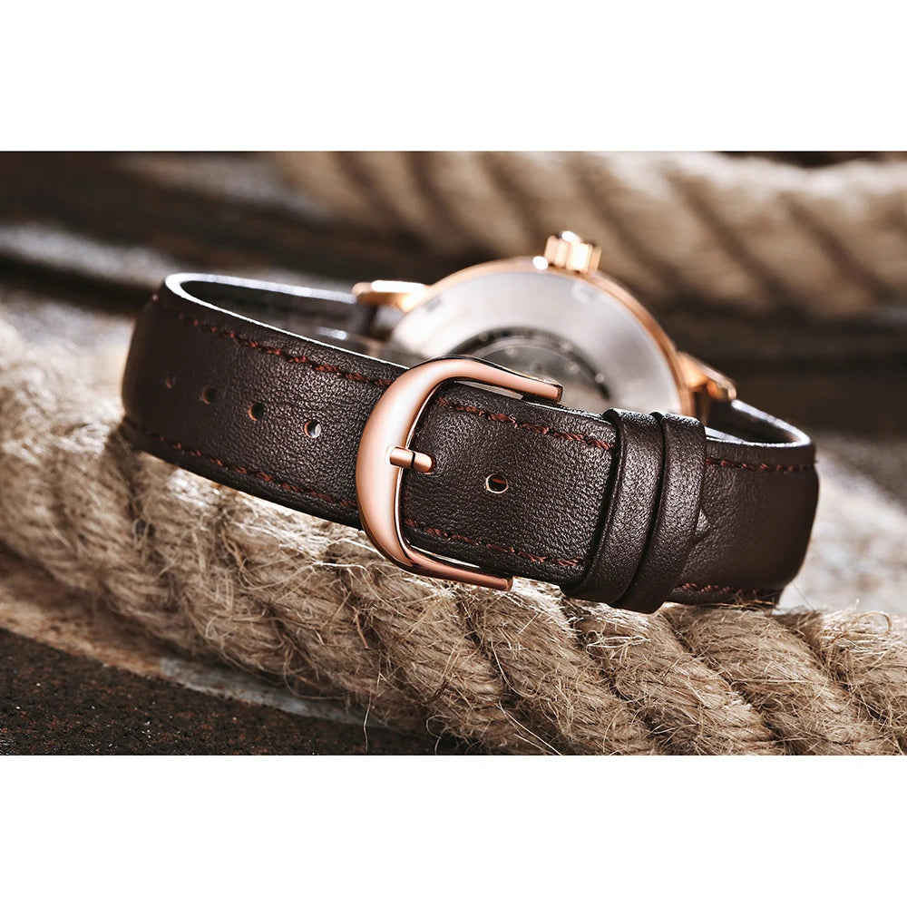 OCHSTIN Men's Automatic Mechanical Business Leather Strap Waterproof Classic Auto Date Minimalist Wristwatches