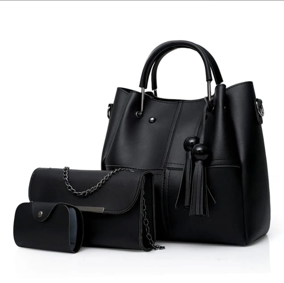 Dark Black Coloured Three Piece Stylish Handbags